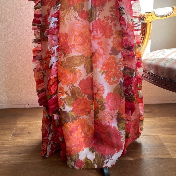 Vintage 1960s Small Floral Full Length Sheer Gown with Ruffle Detail - 60s Pink - Picture 6 of 11